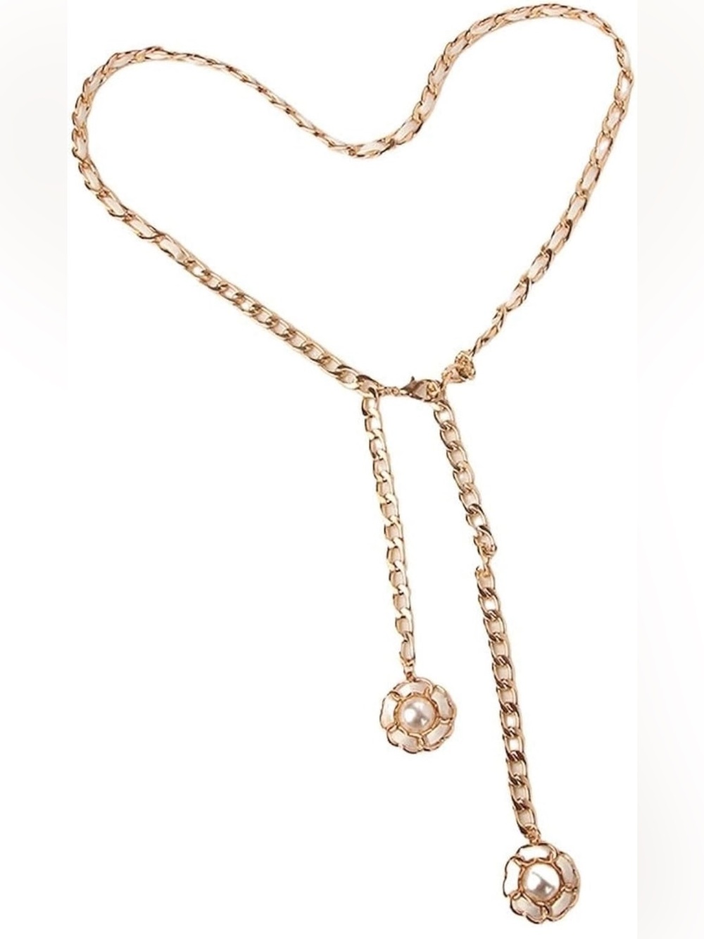 Gold-Tone Pearl Flower Lariat Necklace Or Belt